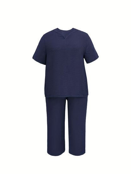 Luna | Plus Size Casual 2-Piece Set with Notched Neck Top & Wide-Leg Pants