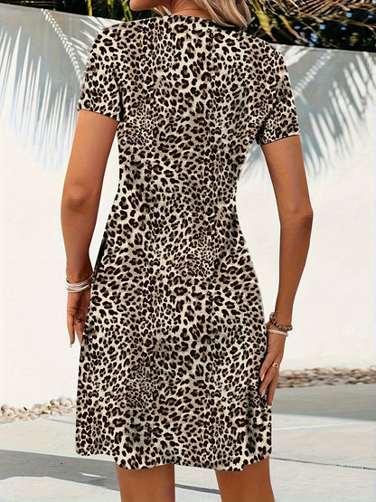 Savannah | Leopard Print Twist Plunging Midi Dress with Short Sleeves