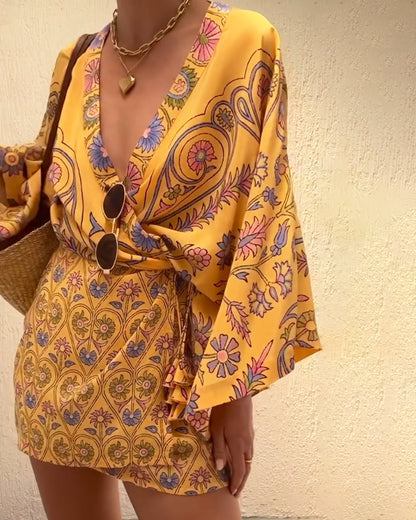 Vacation V-neck Printed Dress - Yellow