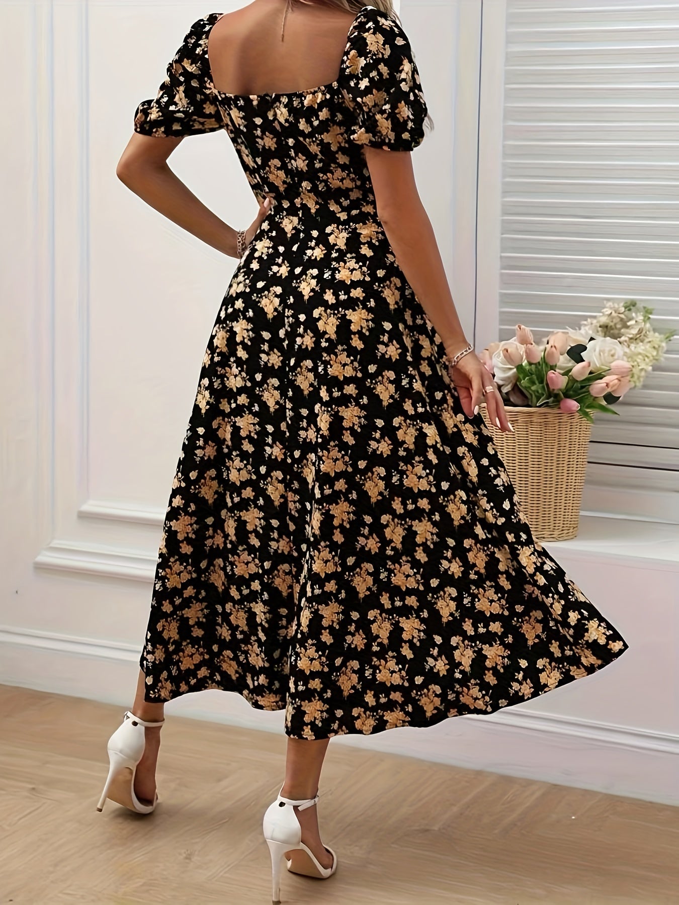 Harper | Floral Print Puff Sleeve A-Line Dress